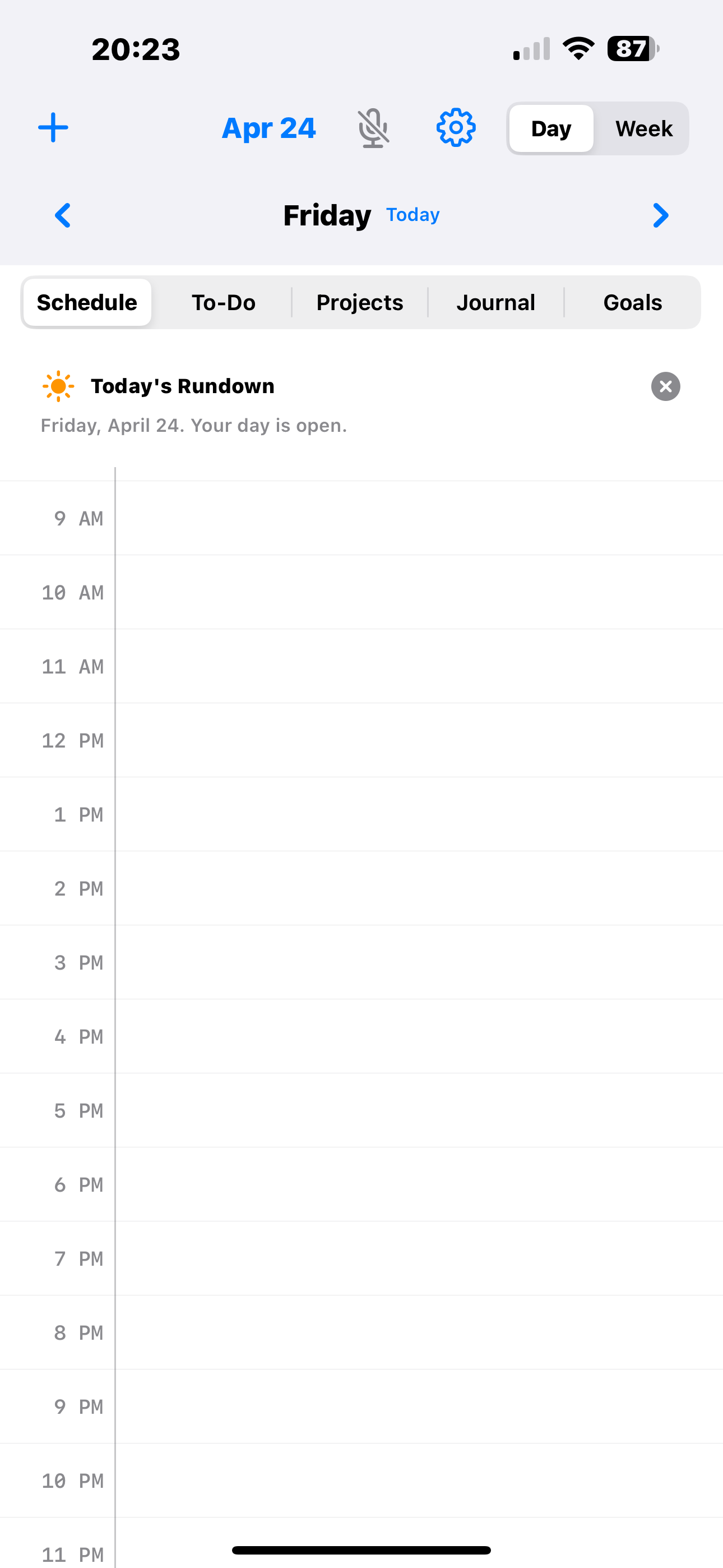 Day view showing Friday Apr 24, a tab bar with Schedule selected, and an hourly timeline from 9 AM to 11 PM with no events. A 'Today's Rundown' callout reads 'Your day is open.'
