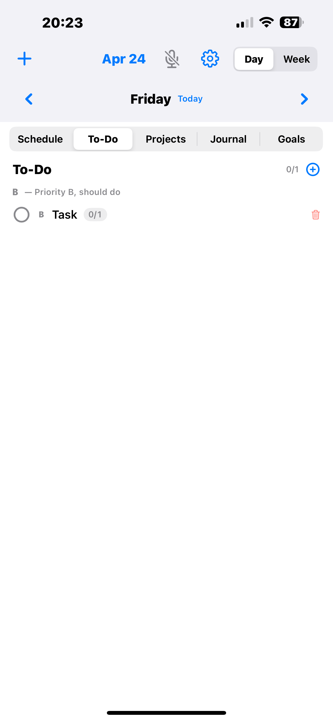 To-Do tab selected. A 'To-Do' heading with '0/1' count and a plus button. Below that, a priority-B section with one unfinished task labeled 'Task'.
