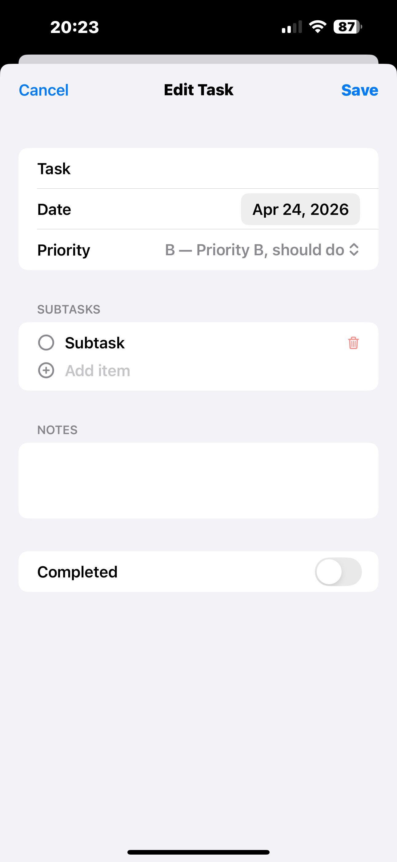 Edit Task sheet with fields for Task name, Date (Apr 24, 2026), and Priority (B). A Subtasks section with one subtask and an Add item row. A Notes section and a Completed toggle.