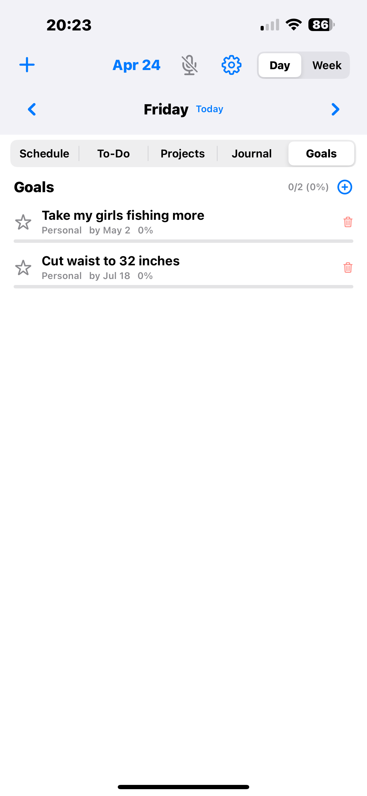 Goals tab showing two personal goals: 'Take my girls fishing more' targeting May 2, and 'Cut waist to 32 inches' targeting July 18. Each shows 0% progress.