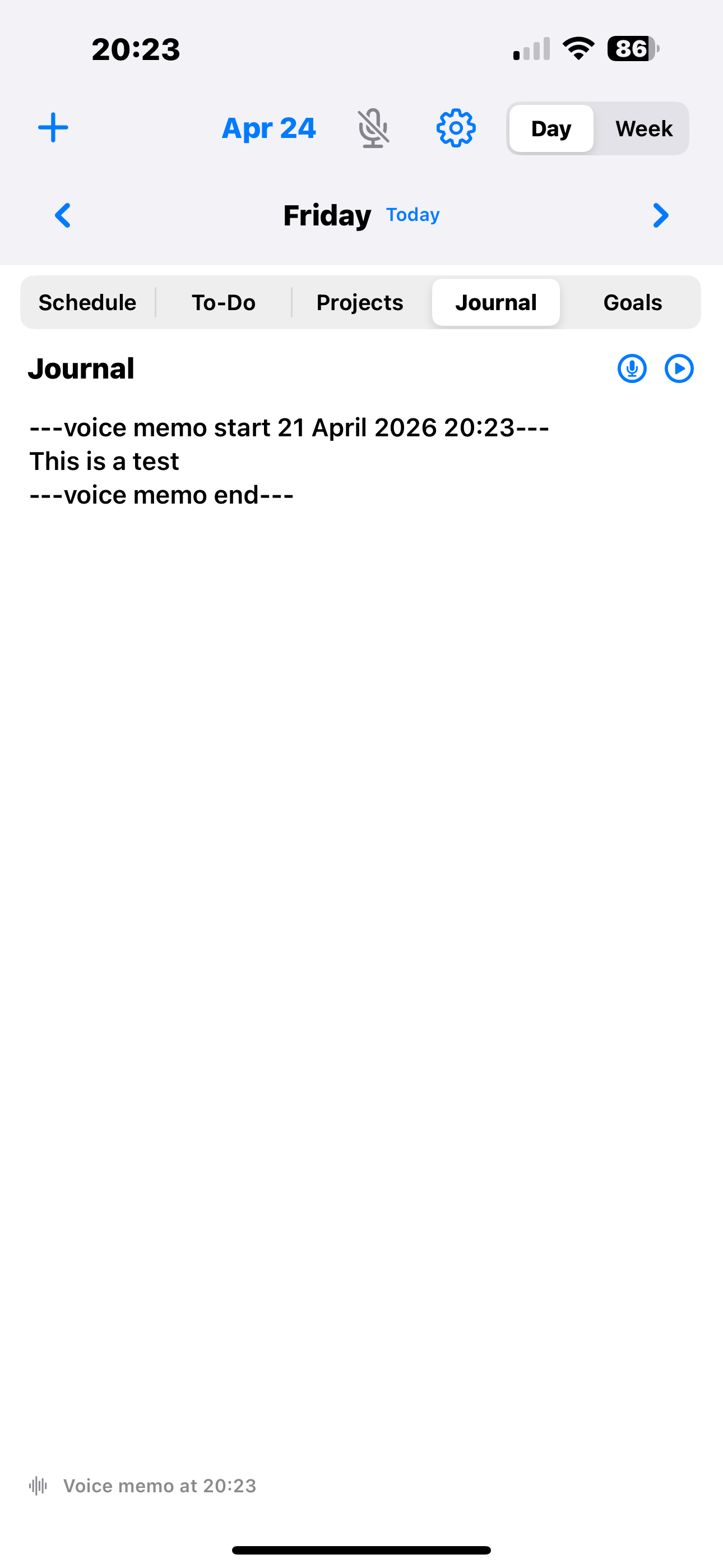 Journal tab showing a dated entry with text content from a voice memo, and an audio playback control at the bottom labeled 'Voice memo at 20:23'.