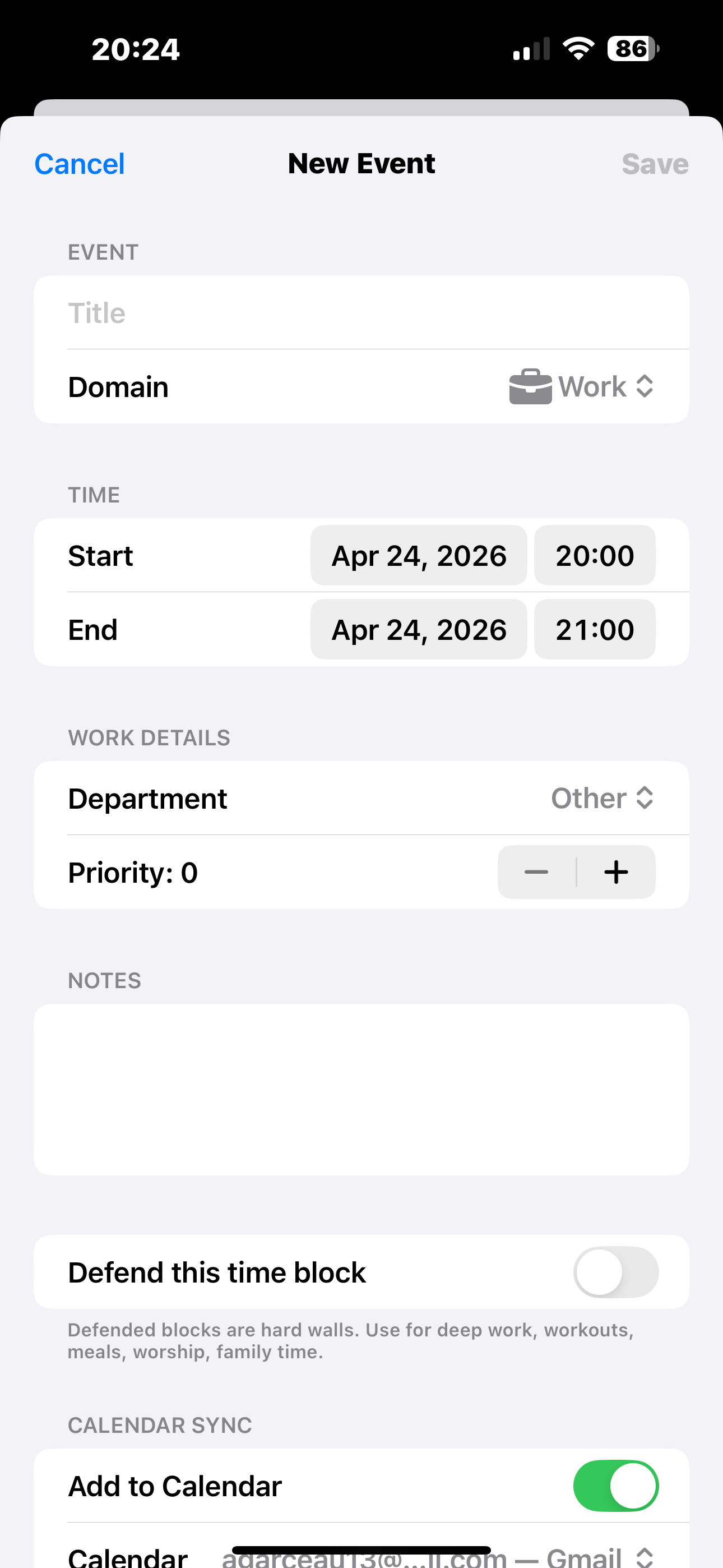 New Event form with fields for Title, Domain (Work), Start and End times (Apr 24 2026, 20:00–21:00), Work Details (Department, Priority), Notes, a 'Defend this time block' toggle, and a Calendar Sync section with Add to Calendar turned on.