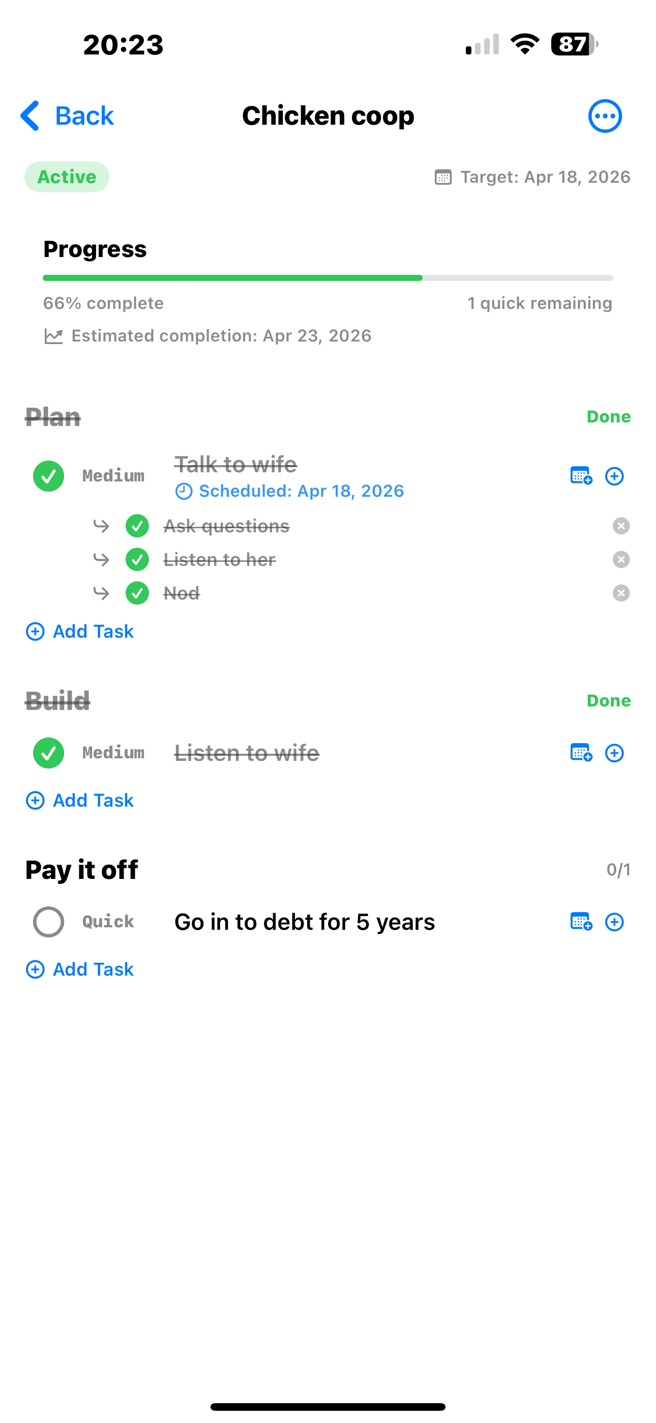 Project detail view for 'Chicken coop', status Active, target date Apr 18 2026, progress bar showing 66% complete with one quick task remaining. Two completed phases 'Plan' and 'Build' are listed with their tasks.